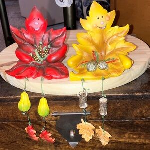 Hand Crafted Red & Yellow Leaf Shelf Sitter Figurines Set Of 2